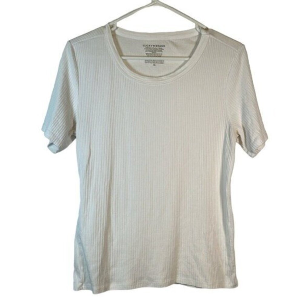 Lucky Brand White Ribbed Scoop Neck S/S Shirt Blouse Size XL EUC #0919-AZ